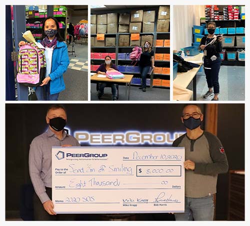 Photo collage - Backpack stuffing and donation cheque
